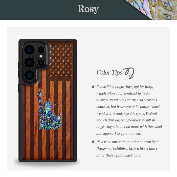 Statue of Liberty and Flag, Hand-Inlaid Wood & Mother of Pearl Case - Artisanal Cover for Samsung Galaxy