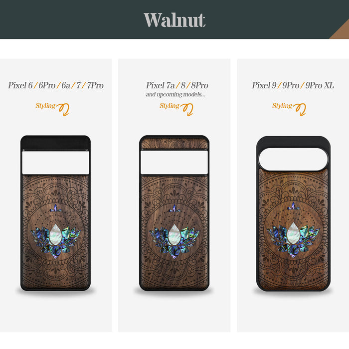 Lotus Mandala Essence, Hand-Inlaid Wood & Mother of Pearl Case - Artisanal Cover for Google Pixel