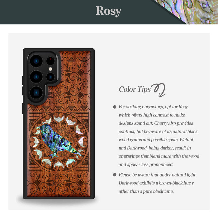 The Zentangle Crow, Hand-Inlaid Wood & Mother of Pearl Case - Artisanal Cover for Samsung Galaxy