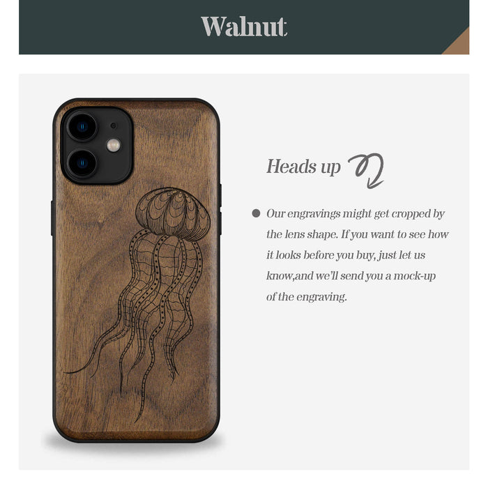 Zentangle Art Jellyfish, Classic Engraved Wood & TPU Case - Artisanal Cover for Apple iPhone