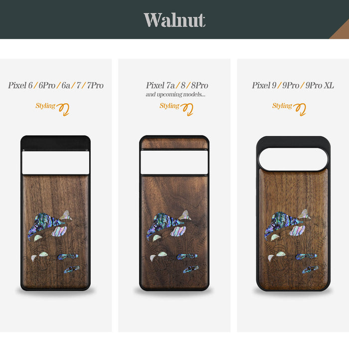 The Enchanting World of Mushrooms and Wildflowers, Hand-Inlaid Wood & Mother of Pearl Case - Artisanal Cover for Google Pixel