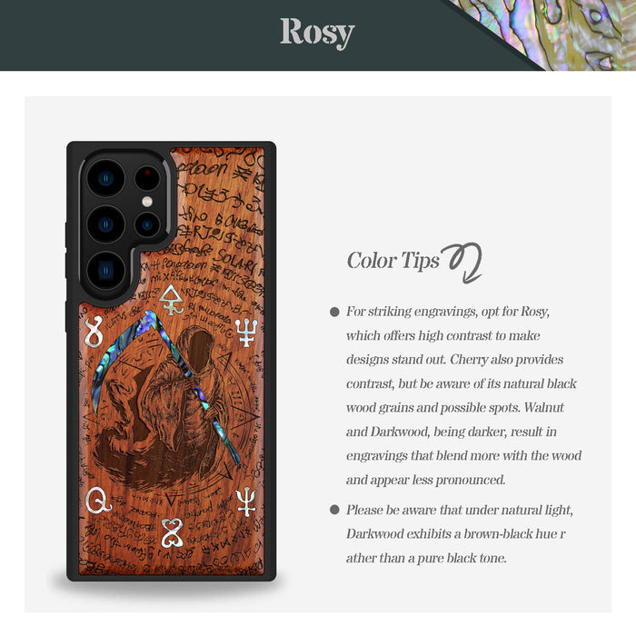 The Reaper's Scythe, Hand-Inlaid Wood & Mother of Pearl Case - Artisanal Cover for Samsung Galaxy