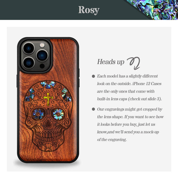 The Dia de los Muertos Sugar Skull, Hand-Inlaid Wood & Mother of Pearl Case - Artisanal Cover for Apple iPhone