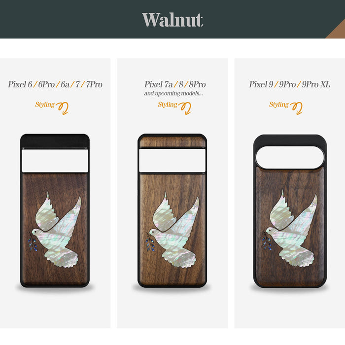 The Dove with Olive Branch, Hand-Inlaid Wood & Mother of Pearl Case - Artisanal Cover for Google Pixel