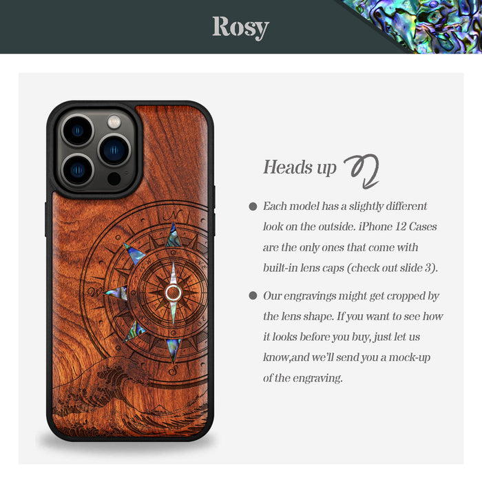 The Compass and the Wave, Hand-Inlaid Wood & Mother of Pearl Case - Artisanal Cover for Apple iPhone