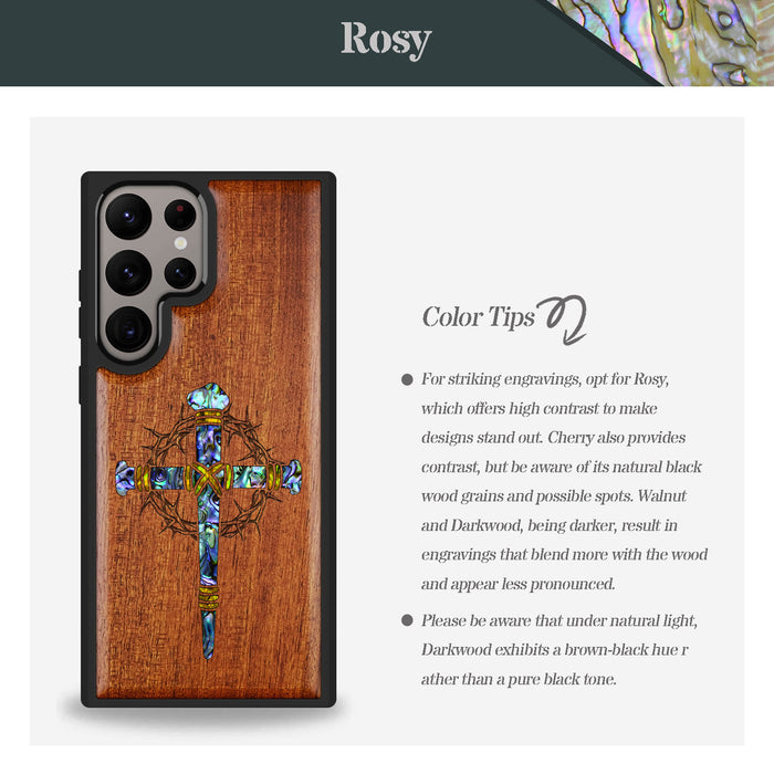 Crucifix Nails, Hand-Inlaid Wood & Mother of Pearl Case - Artisanal Cover for Samsung Galaxy