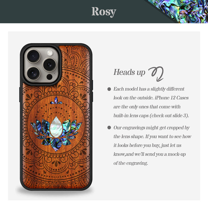 Lotus Mandala Essence, Hand-Inlaid Wood & Mother of Pearl Case - Artisanal Cover for Apple iPhone