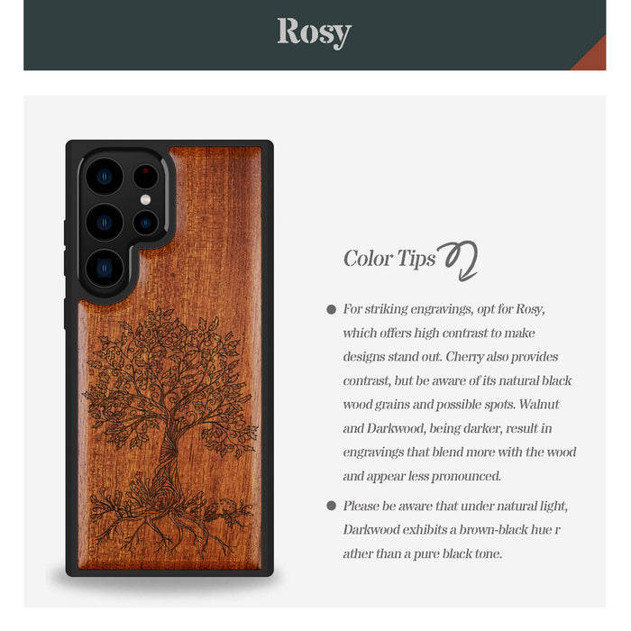 The Fairy Tree Line Art, Classic Engraved Wood & TPU Case - Artisanal Cover for Samsung Galaxy