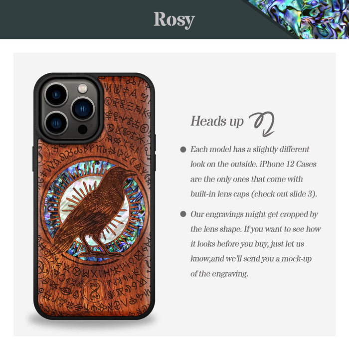 The Haloed Crow, Hand-Inlaid Wood & Mother of Pearl Case - Artisanal Cover for Apple iPhone