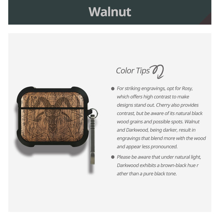 The Horned Goat in Octagonal Star - Wood Artisan Engraved & Shell Hand-Inlaid Cover - Artisanal Case for Apple AirPods (Titanium Quick Released Clasp)