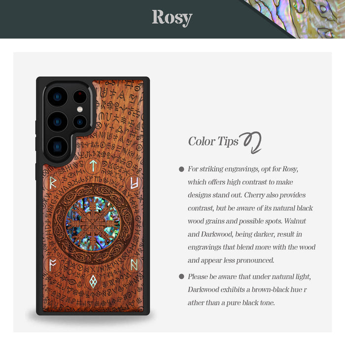 The Shield of Dragons and Awe, Hand-Inlaid Wood & Mother of Pearl Case - Artisanal Cover for Samsung Galaxy