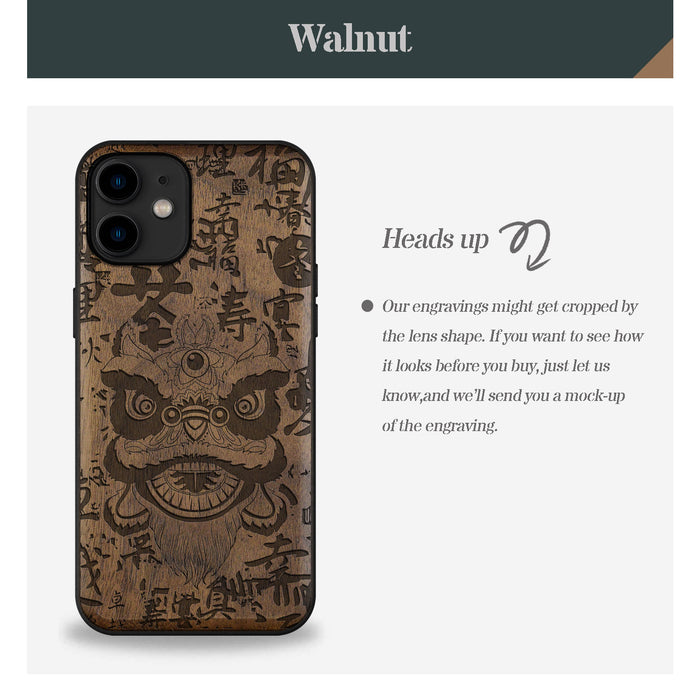 Chinese Lion Dance, Classic Engraved Wood & TPU Case - Artisanal Cover for Apple iPhone