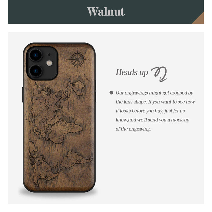 Abstract Expressionist World Map Linework, Classic Engraved Wood & TPU Case - Artisanal Cover for Apple iPhone