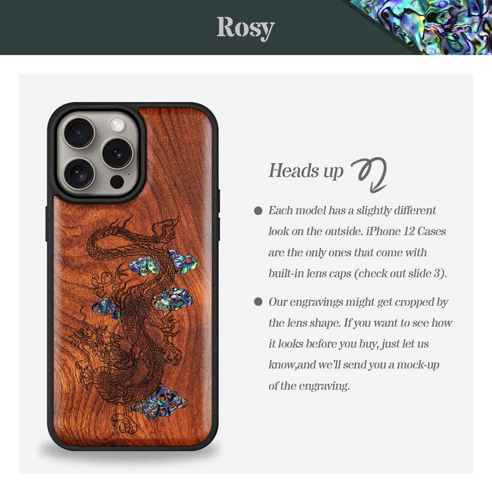 Majestic Chinese Dragon, Hand-Inlaid Wood & Mother of Pearl Case - Artisanal Cover for Apple iPhone