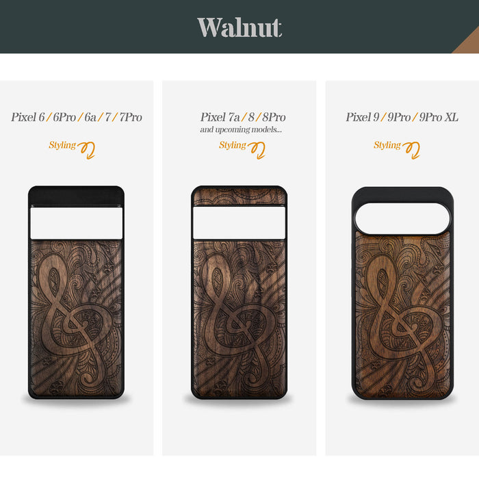 Zen Doodle Treble Clef, Classic Engraved Wood & TPU Case - Artisanal Cover for Google Pixel