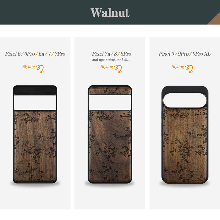 Oriental Elegance, Classic Engraved Wood & TPU Case - Artisanal Cover for Google Pixel