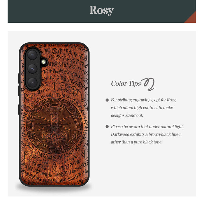 Mjölnir and the Runes, Classic Engraved Wood & TPU Case - Artisanal Cover for Samsung Galaxy