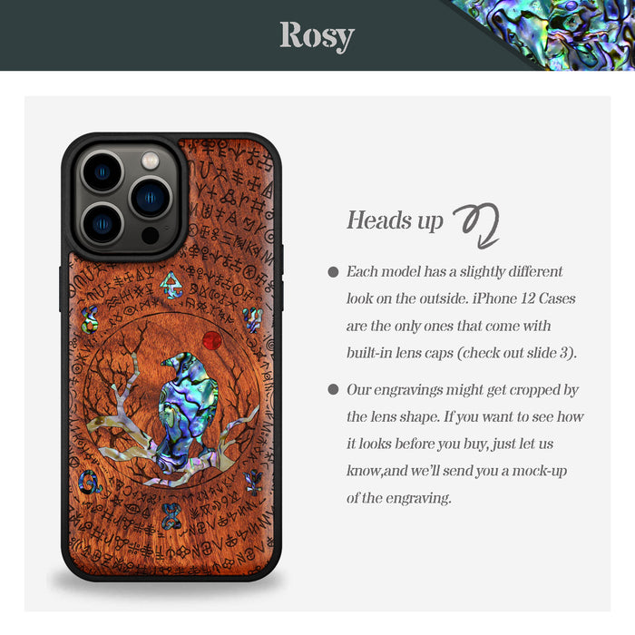 Raven's Arcanum, Hand-Inlaid Wood & Mother of Pearl Case - Artisanal Cover for Apple iPhone