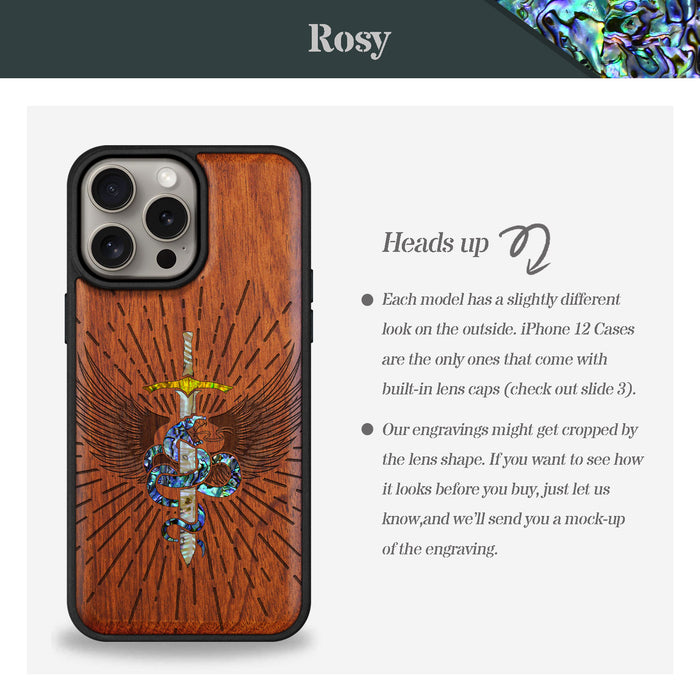 Serpent Winged Sword, Hand-Inlaid Wood & Mother of Pearl Case - Artisanal Cover for Apple iPhone