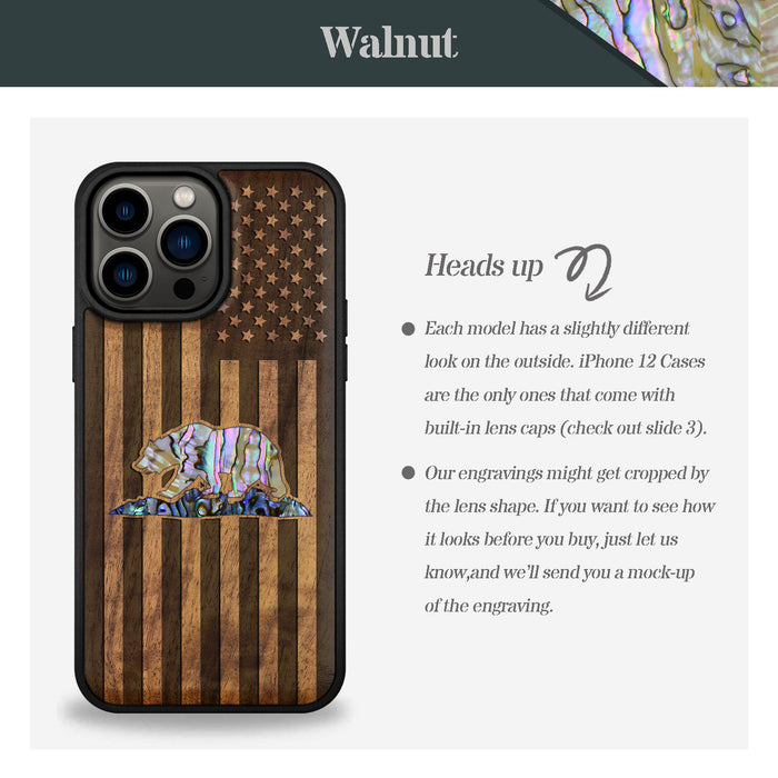 American Flag, Bear, Hand-Inlaid Wood & Mother of Pearl Case - Artisanal Cover for Apple iPhone