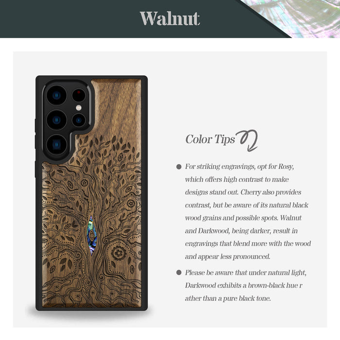 The Line Art Tree of Life, Hand-Inlaid Wood & Mother of Pearl Case - Artisanal Cover for Samsung Galaxy