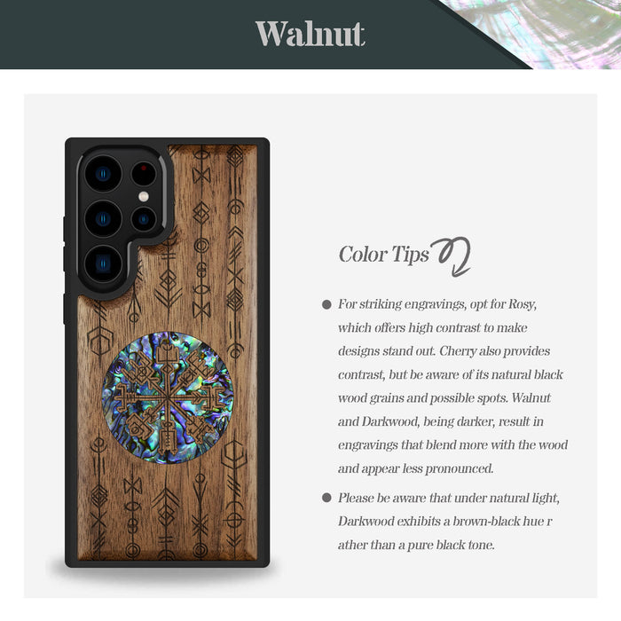 Echoes of Viking Lore, Hand-Inlaid Wood & Mother of Pearl Case - Artisanal Cover for Samsung Galaxy