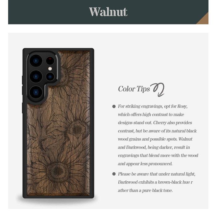 The Helianthus Sketch, Classic Engraved Wood & TPU Case - Artisanal Cover for Samsung Galaxy