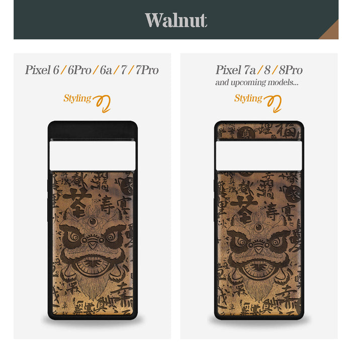 Chinese Lion Dance Head Auspicious, Classic Engraved Wood & TPU Case - Artisanal Cover for Google Pixel