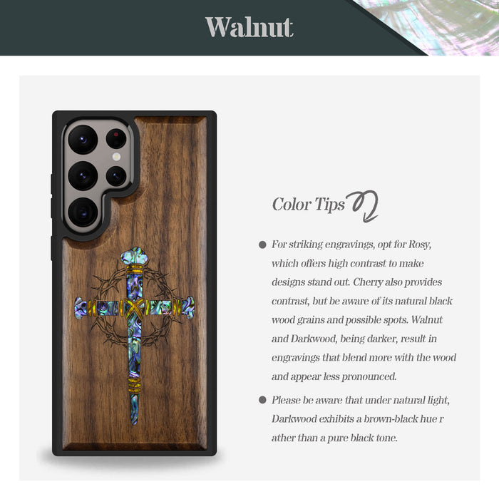 Crucifix Nails, Hand-Inlaid Wood & Mother of Pearl Case - Artisanal Cover for Samsung Galaxy