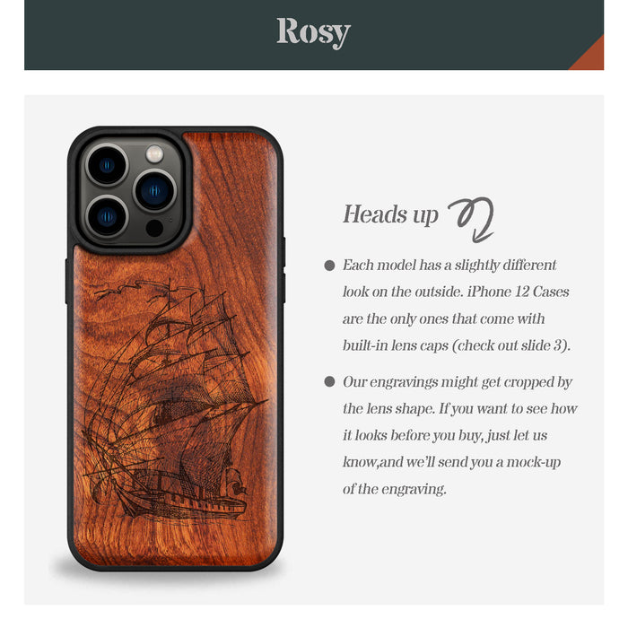 Pirate Ship Line Work, Classic Engraved Wood & TPU Case - Artisanal Cover for Apple iPhone