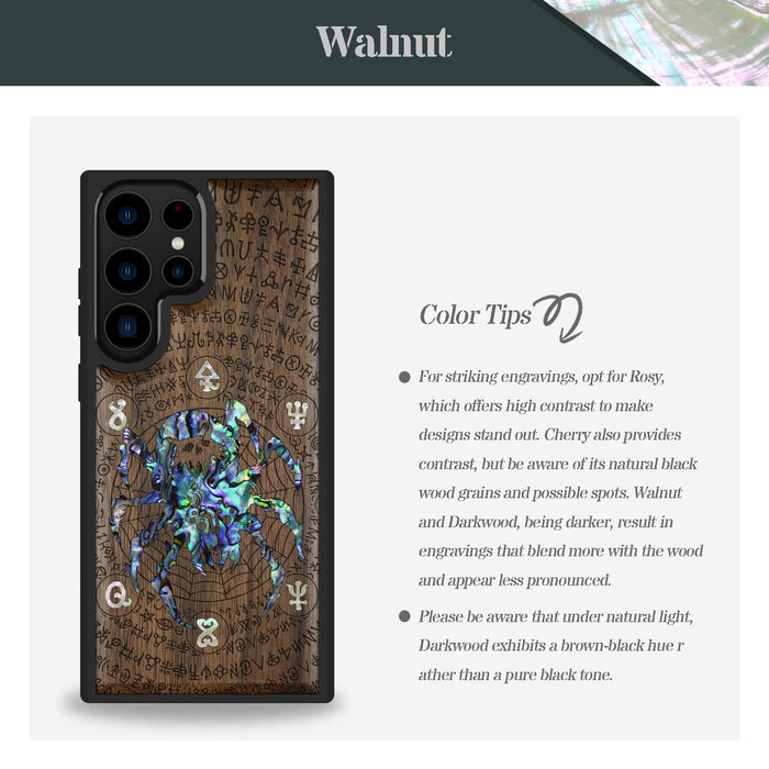 Shadows of the Web, Hand-Inlaid Wood & Mother of Pearl Case - Artisanal Cover for Samsung Galaxy