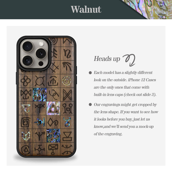 Mystical Runes, Hand-Inlaid Wood & Mother of Pearl Case - Artisanal Cover for Apple iPhone