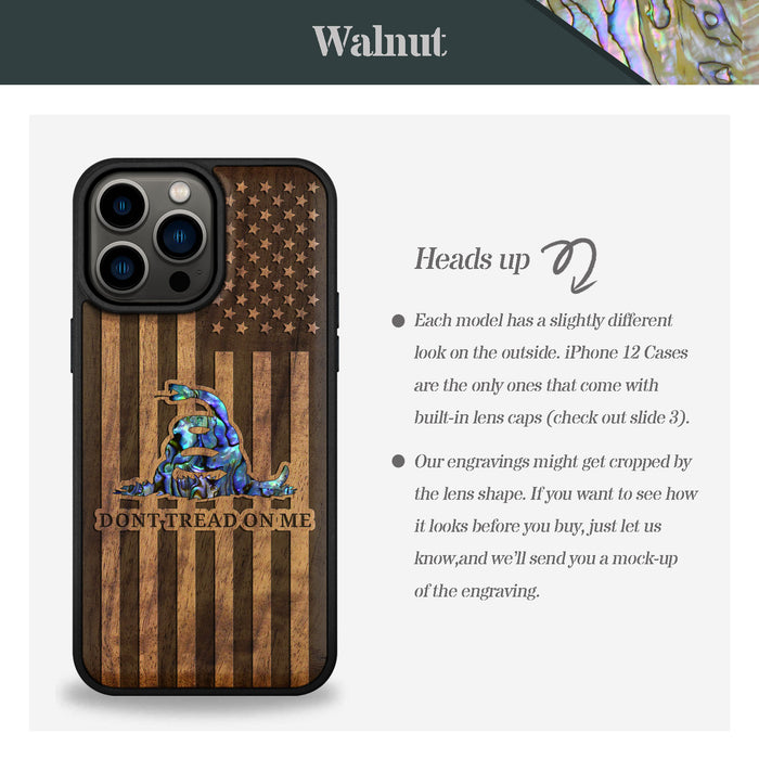 Gadsden Flag, Hand-Inlaid Wood & Mother of Pearl Case - Artisanal Cover for Apple iPhone