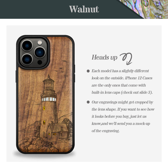 The Lighthouse, Hand-Inlaid Wood & Mother of Pearl Case - Artisanal Cover for Apple iPhone