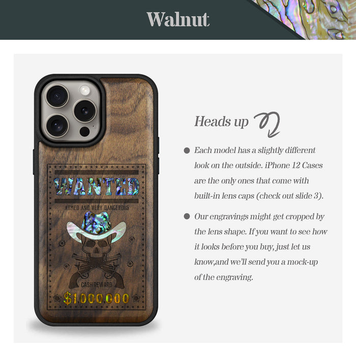 Outlaw Skull Wanted, Hand-Inlaid Wood & Mother of Pearl Case - Artisanal Cover for Apple iPhone