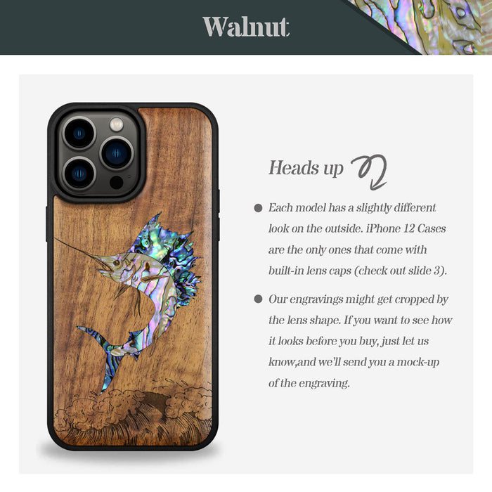 The Soaring Marlin, Hand-Inlaid Wood & Mother of Pearl Case - Artisanal Cover for Apple iPhone