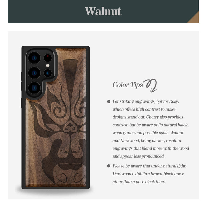 The Chinese Opera Mask, Classic Engraved Wood & TPU Case - Artisanal Cover for Samsung Galaxy