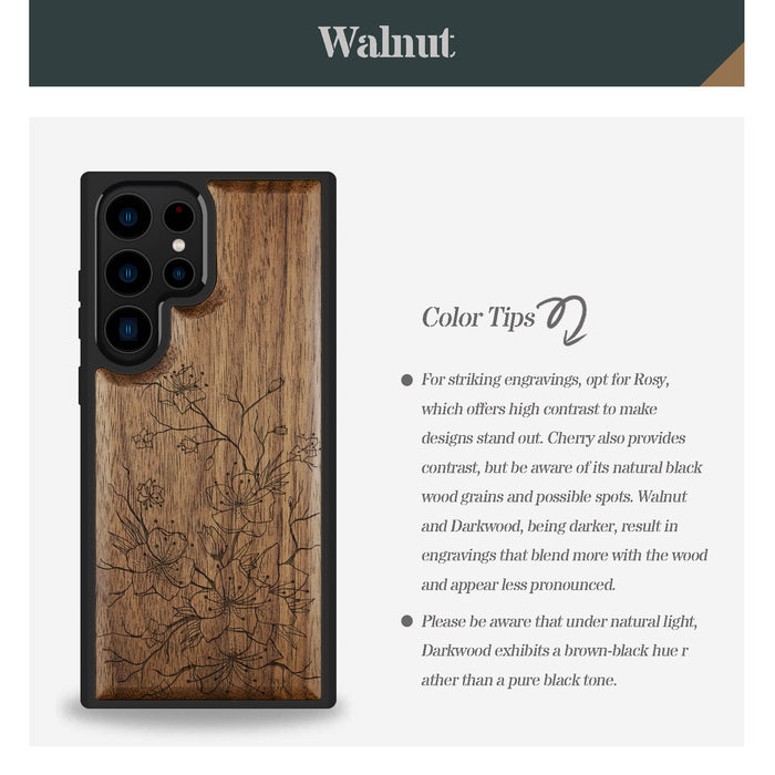 Sakura Sketch, Classic Engraved Wood & TPU Case - Artisanal Cover for Samsung Galaxy