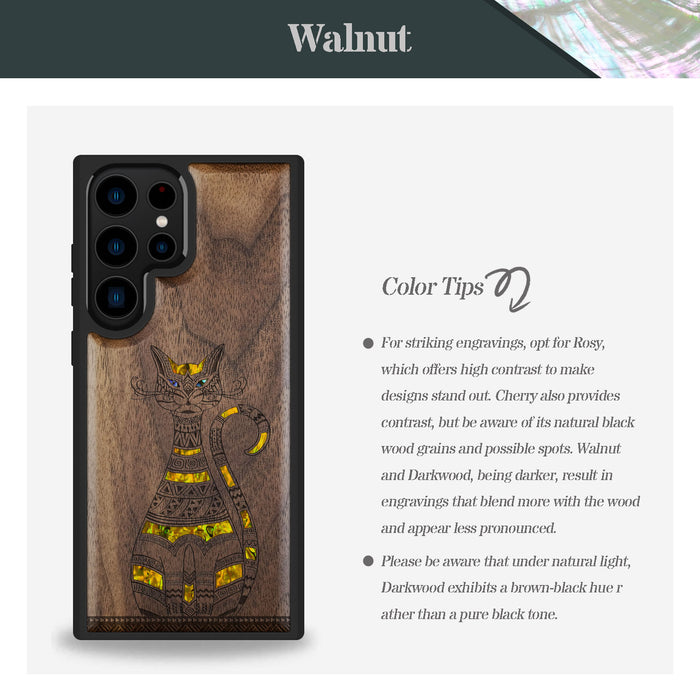 Tribal Cat Art, Hand-Inlaid Wood & Mother of Pearl Case - Artisanal Cover for Samsung Galaxy