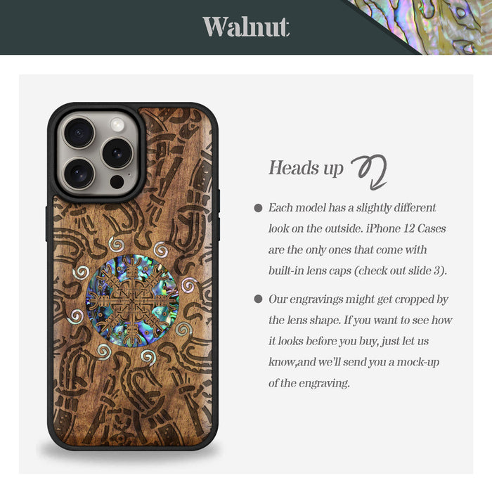 Shield of the Ancients, Hand-Inlaid Wood & Mother of Pearl Case - Artisanal Cover for Apple iPhone