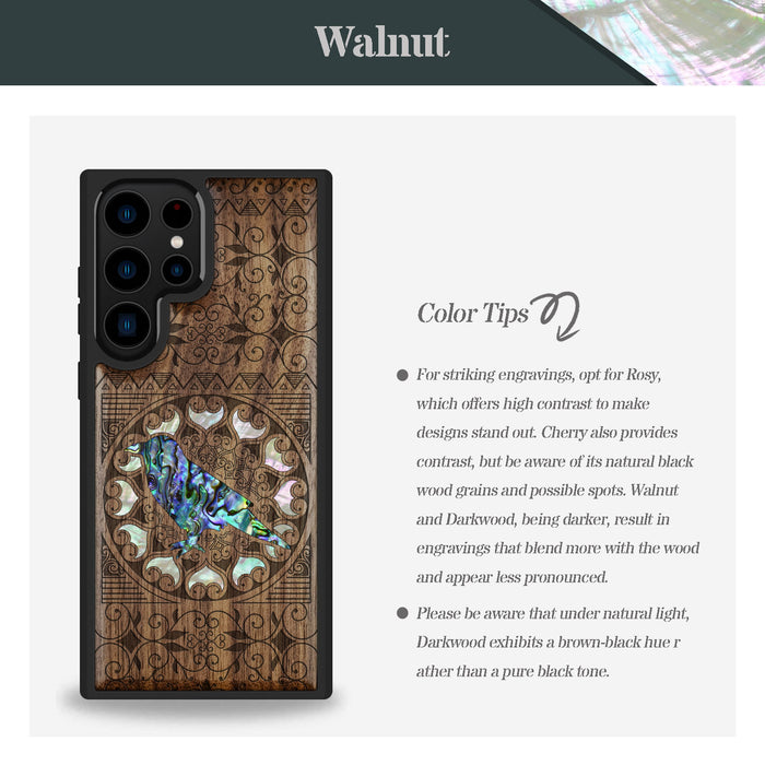 The Zentangle Crow, Hand-Inlaid Wood & Mother of Pearl Case - Artisanal Cover for Samsung Galaxy