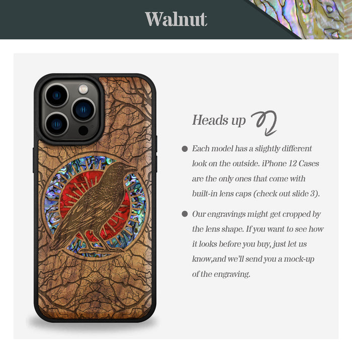 The Haloed Crow, Hand-Inlaid Wood & Mother of Pearl Case - Artisanal Cover for Apple iPhone