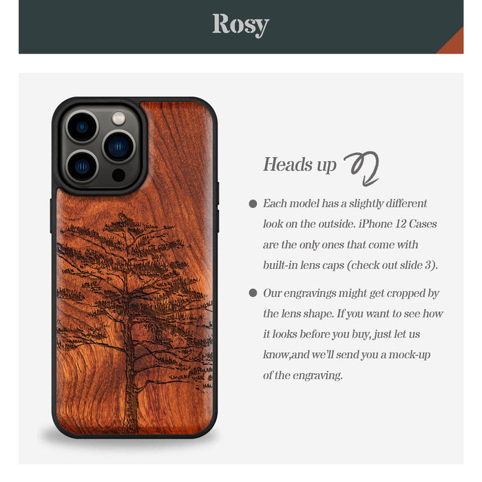 Vintage Pine Tree Sketch, Classic Engraved Wood & TPU Case - Artisanal Cover for Apple iPhone