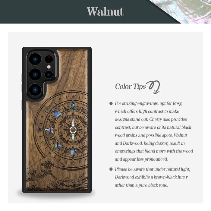 The Compass and the Wave, Hand-Inlaid Wood & Mother of Pearl Case - Artisanal Cover for Samsung Galaxy