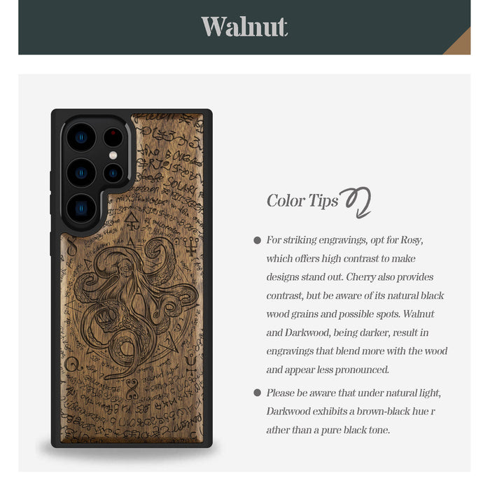Octopus and Octagonal Star, Classic Engraved Wood & TPU Case - Artisanal Cover for Samsung Galaxy