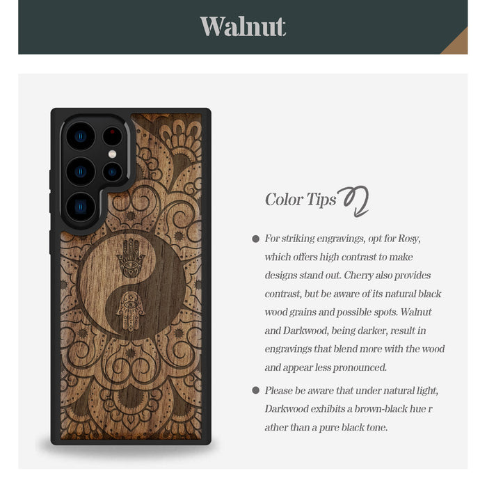 The Hamsa Yin-Yang Mandala, Classic Engraved Wood & TPU Case - Artisanal Cover for Samsung Galaxy