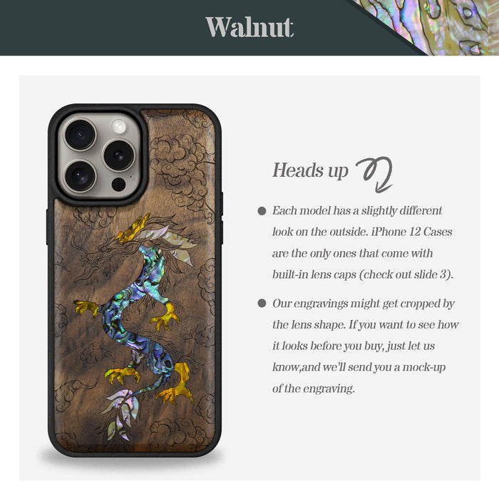 The Dragon's Ascen, Hand-Inlaid Wood & Mother of Pearl Case - Artisanal Cover for Apple iPhone