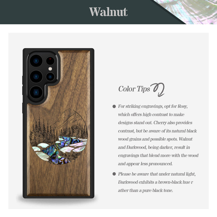 The Lake and Mountain Landscape, Hand-Inlaid Wood & Mother of Pearl Case - Artisanal Cover for Samsung Galaxy