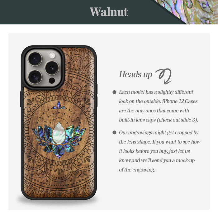 Lotus Mandala Essence, Hand-Inlaid Wood & Mother of Pearl Case - Artisanal Cover for Apple iPhone