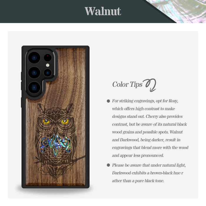 An Owl Perched on a Branch, Hand-Inlaid Wood & Mother of Pearl Case - Artisanal Cover for Samsung Galaxy